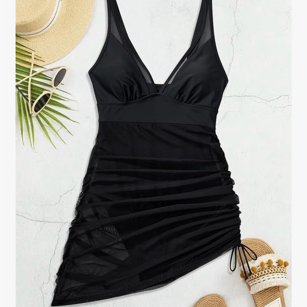 Black Mesh Swimsuit with Ruched Skirt - Picture 5 of 7
